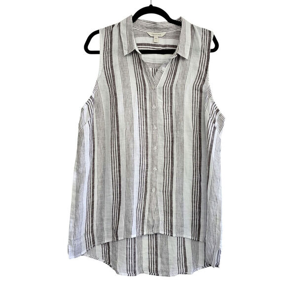 Garnet Hill plus size 18 100% Linen Button-Down High-Low Tunic Tank Striped - Picture 1 of 10